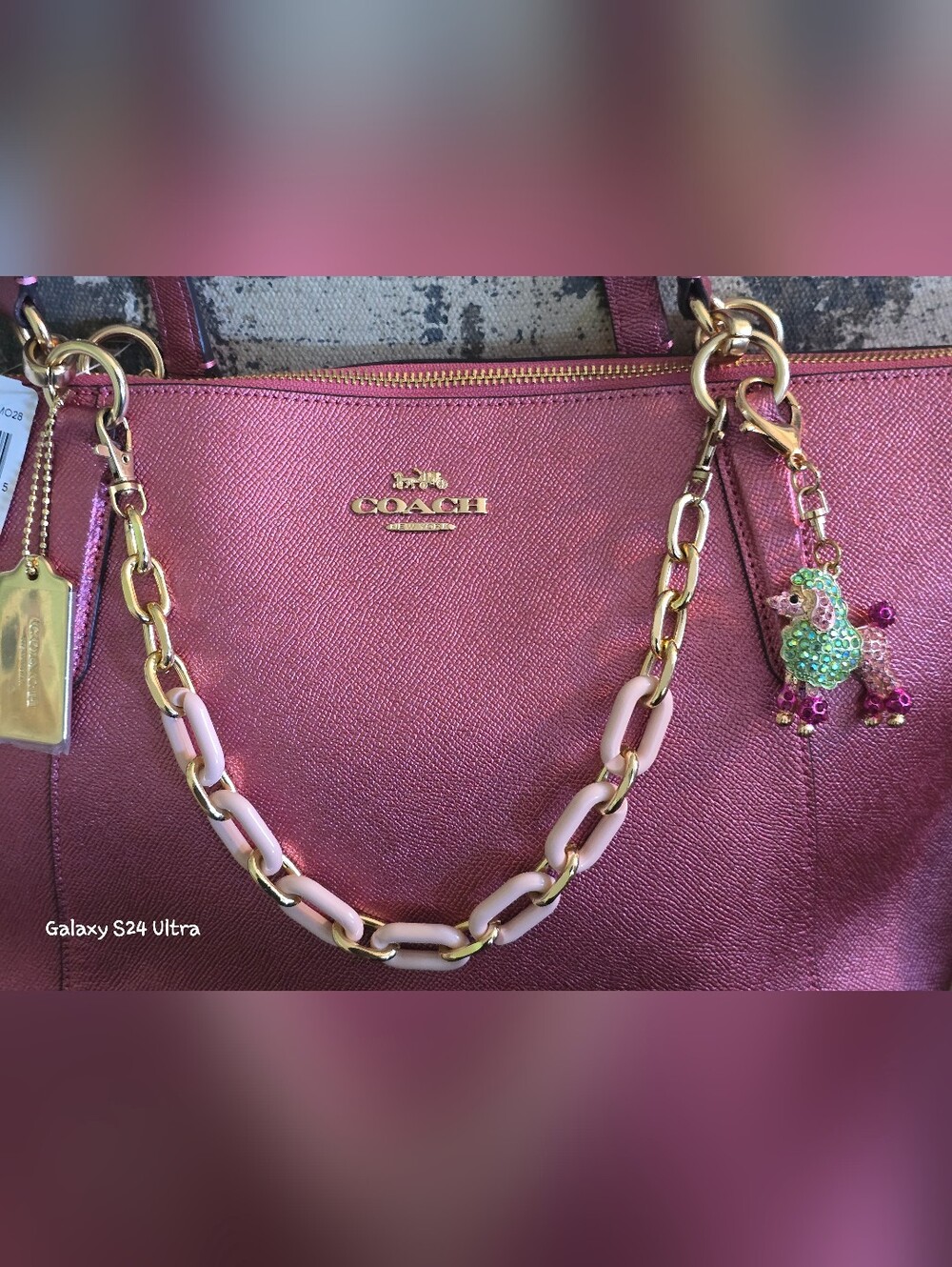 Coach Ava Chain Tote in Metallic Raspberry Crossgrain Leather NWT w/ Charms - Picture 6 of 17